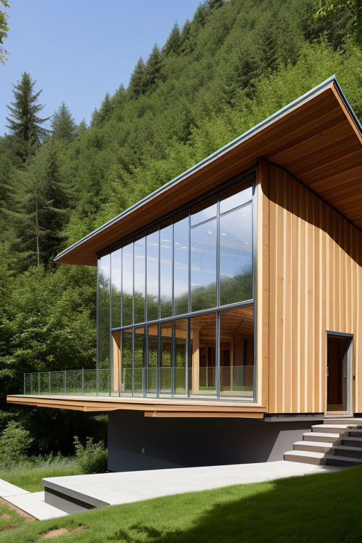 Greenhouse skin of organic design, with a parametric structure of steel and wood, taking advantage of the path of the sun, within this skin but separated, a sustainable house made of CLT wood with spaces between the house and the organic skin of the organic garden, Villa, designed by Renzo Piano, Modern Architecture, morning, in the mountains