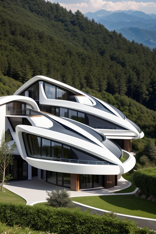 , Villa, designed by Zaha Hadid, Post-Modern Architecture, afternoon, in the mountains