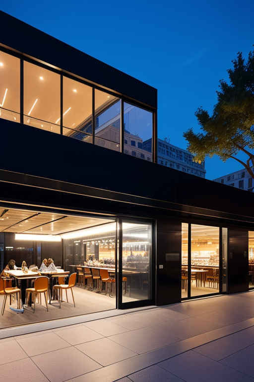 Cafe, designed by Mies Van der Rohe, Modern Architecture, night time, in Barcelona
