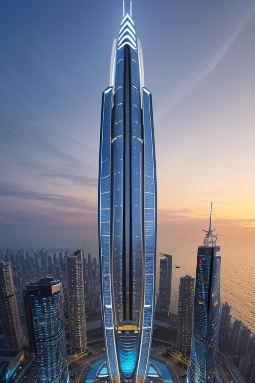 design a futuristic skyscraper of a billionaire who is also a superhero in india , Skyscraper, designed by Renzo Piano, Parametric Architecture, night time, sunset, in the ocean