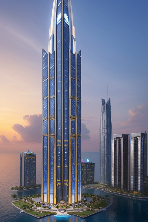 design a futuristic skyscraper of a billionaire who is also a superhero in india , Skyscraper, designed by Renzo Piano, Parametric Architecture, night time, sunset, in the ocean