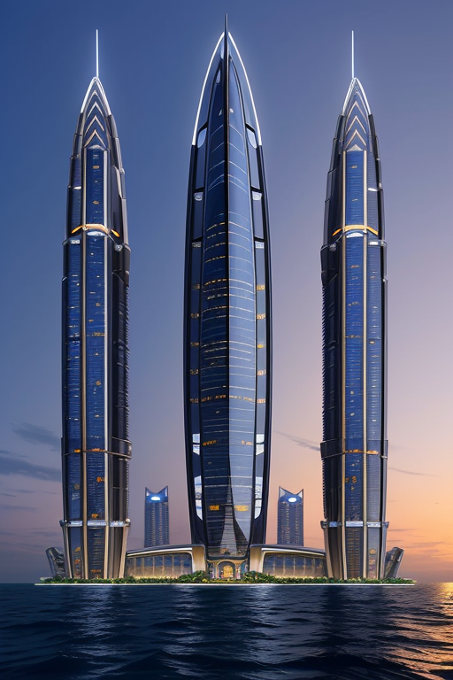 design a futuristic skyscraper of a billionaire who is also a superhero in india , Skyscraper, designed by Renzo Piano, Parametric Architecture, night time, sunset, in the ocean