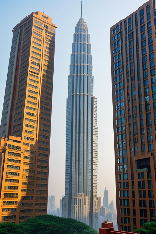 a skyscraper in India belonging to a superhero billionaire , Skyscraper, designed by Le Corbusier, Neofuturist Architecture, in New York, afternoon, morning