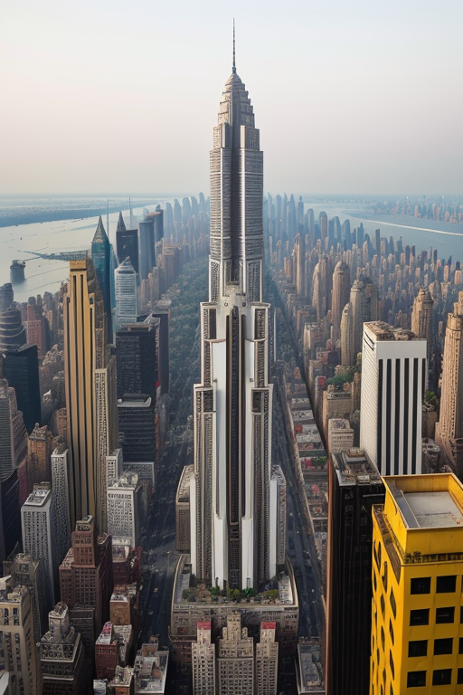 a skyscraper in India belonging to a superhero billionaire , Skyscraper, designed by Le Corbusier, Neofuturist Architecture, in New York, afternoon, morning
