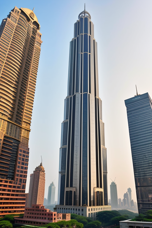 a skyscraper in India belonging to a superhero billionaire , Skyscraper, designed by Le Corbusier, Neofuturist Architecture, in New York, afternoon, morning