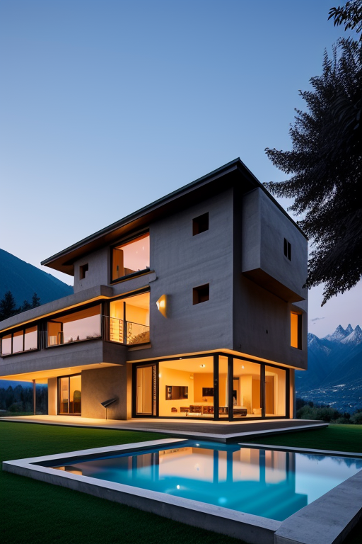 , Villa, designed by Le Corbusier, Parametric Architecture, sunset, in the mountains