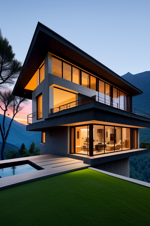 , Villa, designed by Le Corbusier, Parametric Architecture, sunset, in the mountains