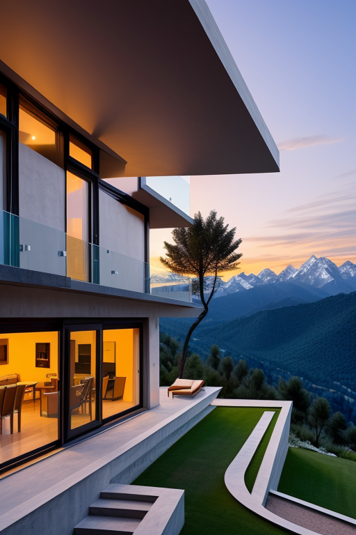 , Villa, designed by Le Corbusier, Parametric Architecture, sunset, in the mountains