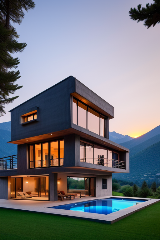 , Villa, designed by Le Corbusier, Parametric Architecture, sunset, in the mountains