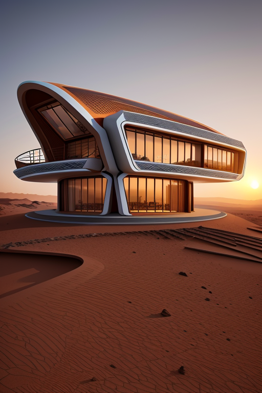 Villa, , designed by Norman Foster, Afro Futurism architecture, sunset, on Mars