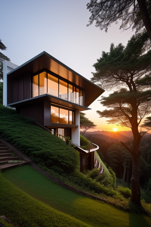 Villa, , designed by Norman Foster, Afro Futurism architecture, sunset, in the forest