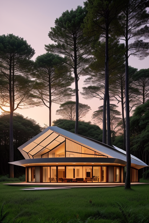 Villa, , designed by Norman Foster, Afro Futurism architecture, sunset, in the forest