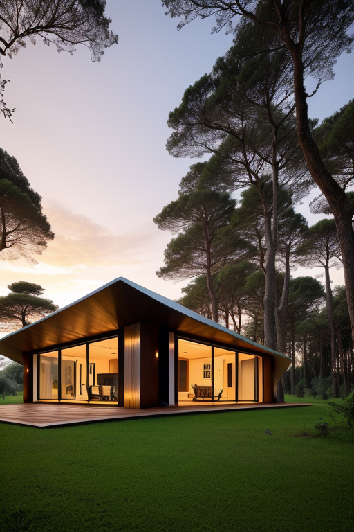 Villa, , designed by Norman Foster, Afro Futurism architecture, sunset, in the forest