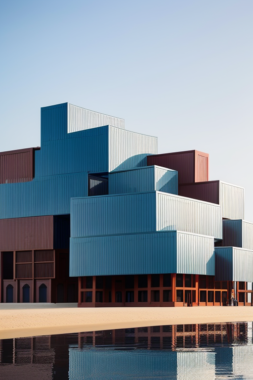 , Warehouse, designed by Frank Gehry, Islamic architecture, De Stijl architecture, on the beach