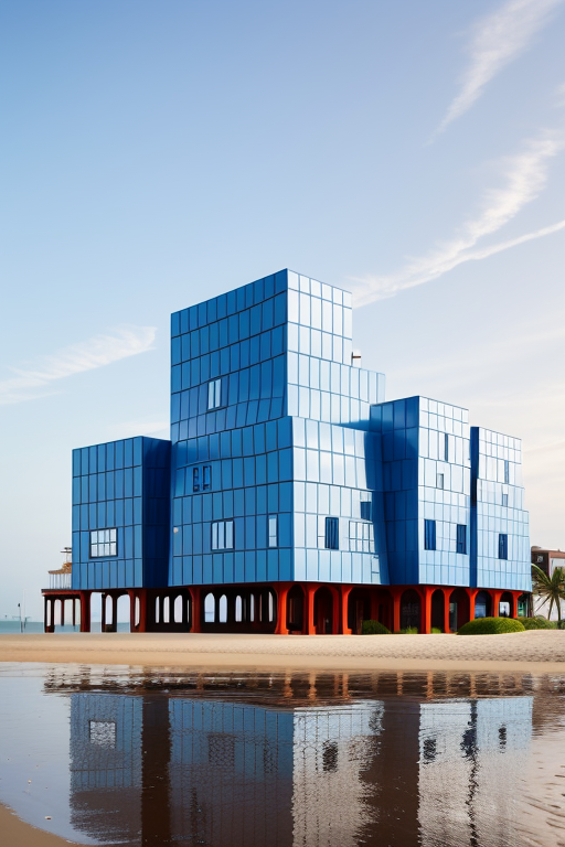 , Warehouse, designed by Frank Gehry, Islamic architecture, De Stijl architecture, on the beach