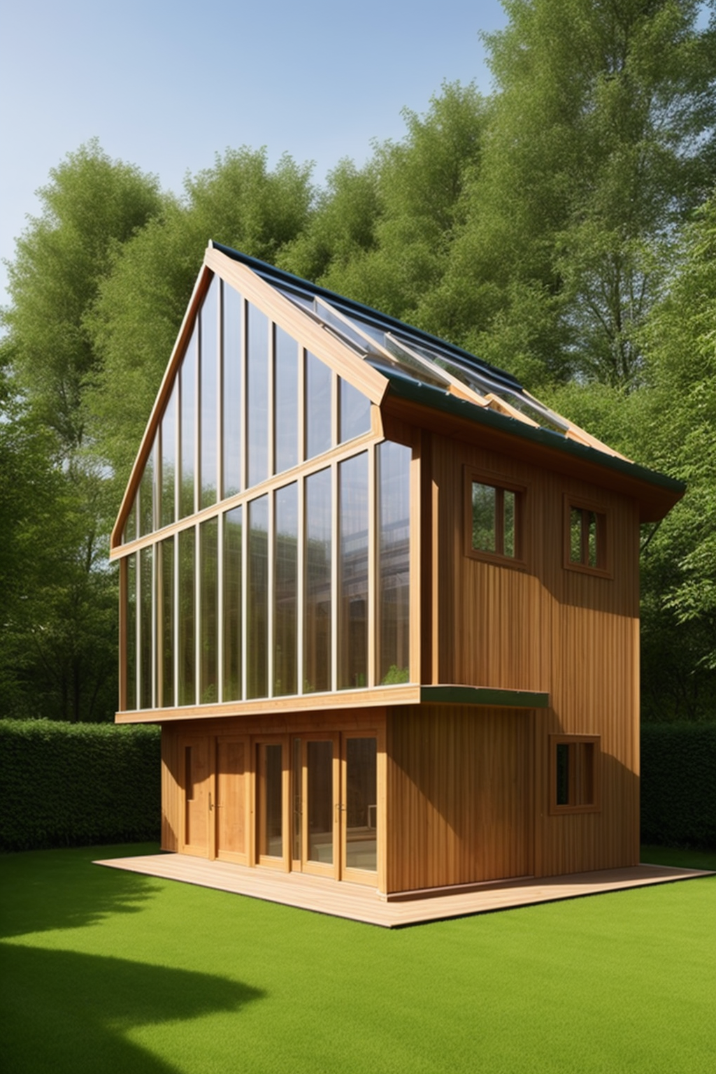 Greenhouse skin of organic design, with a parametric structure of steel and wood, taking advantage of the path of the sun, within this skin but separated, a sustainable house made of CLT wood with spaces between the house and the organic skin of the organic garden.