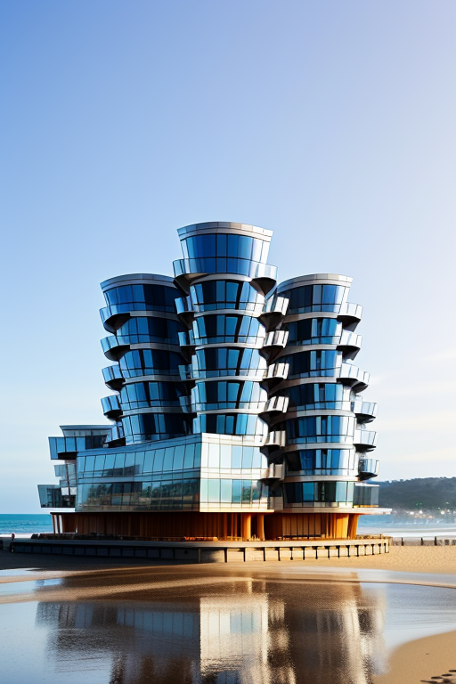 , Building, designed by Frank Gehry, Japanese architecture, morning, on the beach