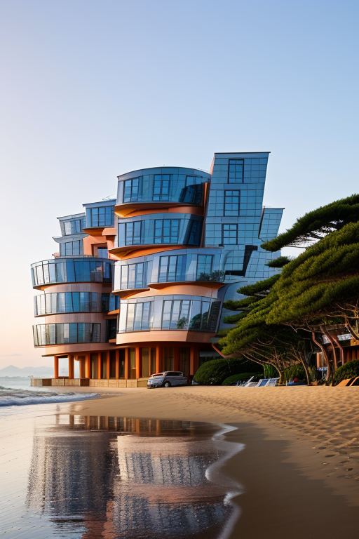 , Building, designed by Frank Gehry, Japanese architecture, morning, on the beach