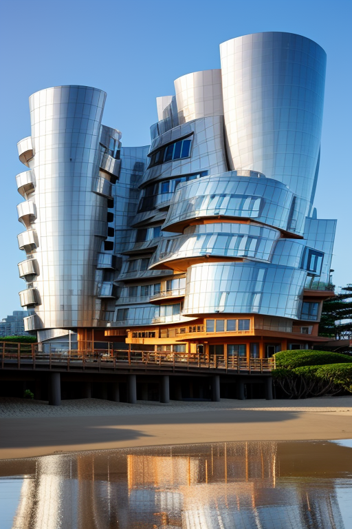 , Building, designed by Frank Gehry, Japanese architecture, morning, on the beach