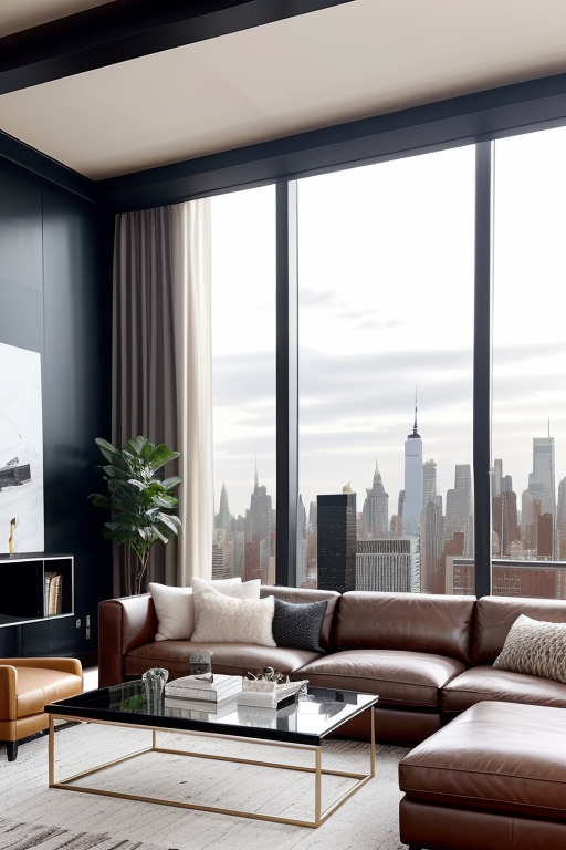 Editorial Style photo, High Angle, Modern, Living Room, Leather, Glass, High Contrast, Neutral colors, Metallic, West Elm, Soft, Ambient, New York City, Evening, Sophisticated, Contemporary, Luxury, Upscale