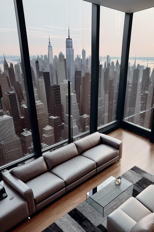Editorial Style photo, High Angle, Modern, Living Room, Leather, Glass, High Contrast, Neutral colors, Metallic, West Elm, Soft, Ambient, New York City, Evening, Sophisticated, Contemporary, Luxury, Upscale
