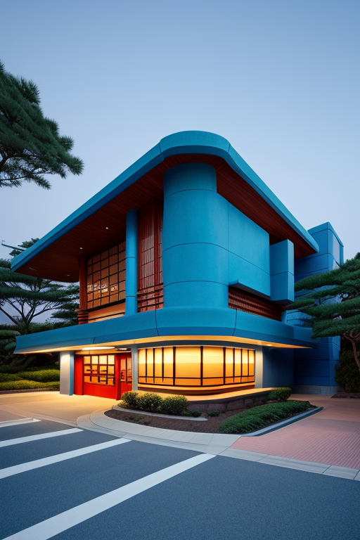 Gasolinera de color azul y con carretera, Office, designed by Frank Lloyd Wright, Modern Architecture, night time, in Tokyo
