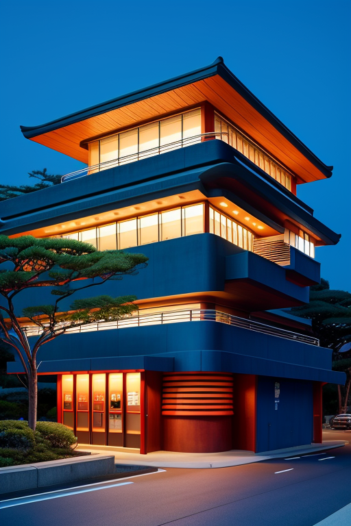 Gasolinera de color azul y con carretera, Office, designed by Frank Lloyd Wright, Modern Architecture, night time, in Tokyo