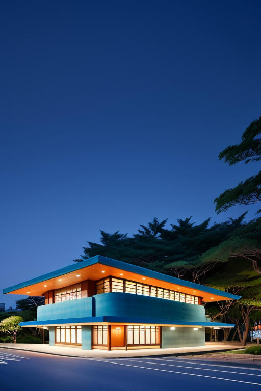 Gasolinera de color azul y con carretera, Office, designed by Frank Lloyd Wright, Modern Architecture, night time, in Tokyo