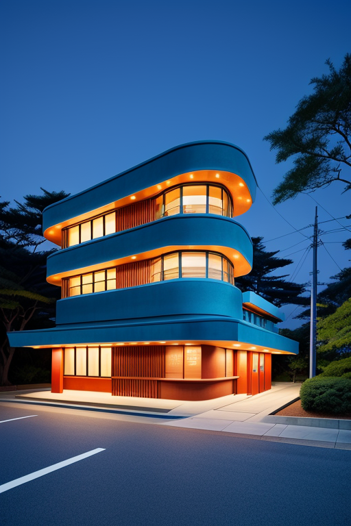 Gasolinera de color azul y con carretera, Office, designed by Frank Lloyd Wright, Modern Architecture, night time, in Tokyo