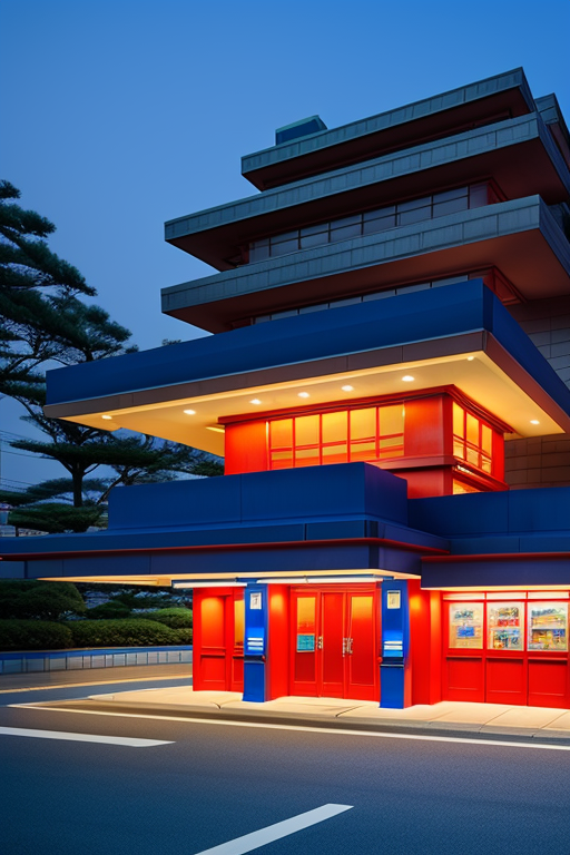 blue gas station, Office, designed by Frank Lloyd Wright, Modern Architecture, night time, in Tokyo