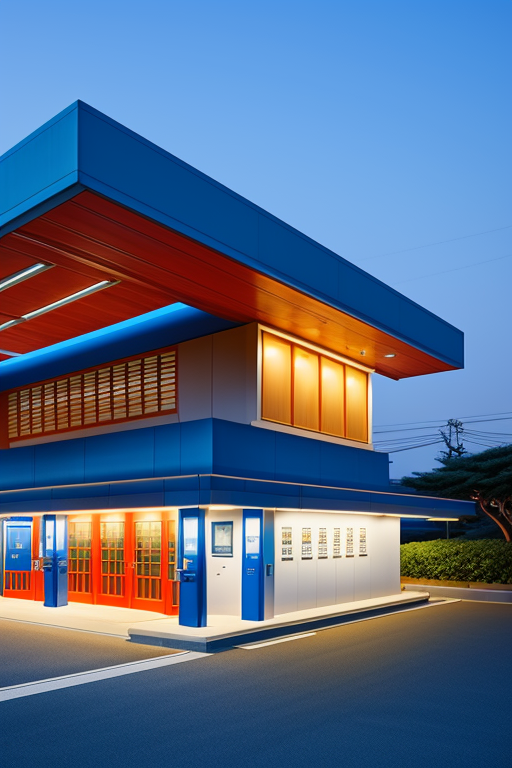 blue gas station, Office, designed by Frank Lloyd Wright, Modern Architecture, night time, in Tokyo