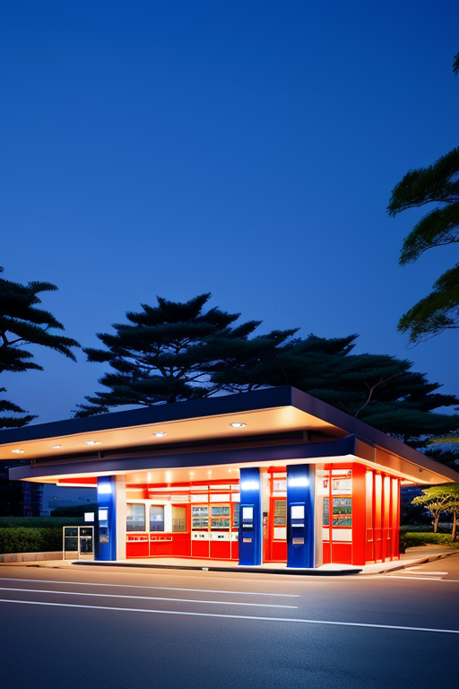 blue gas station, Office, designed by Frank Lloyd Wright, Modern Architecture, night time, in Tokyo