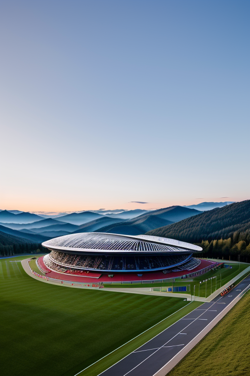 , Stadium, designed by Richard Rogers, Modern Architecture, morning, in the mountains