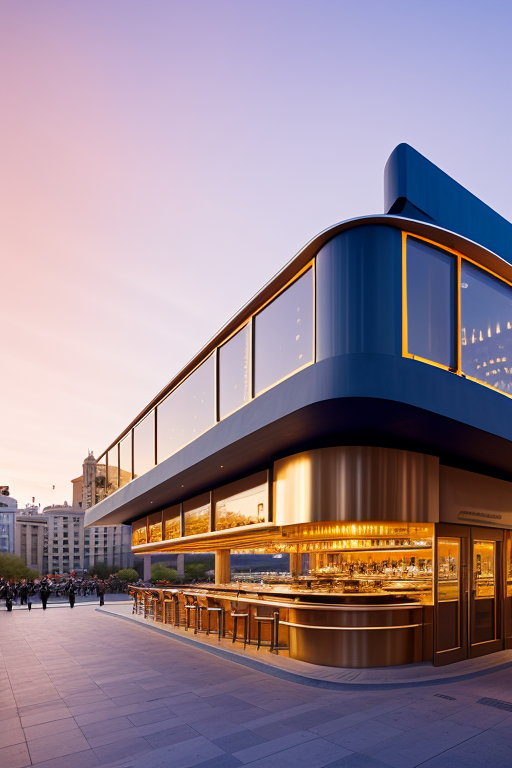 , Restaurant, designed by Philip Johnson, Neofuturist Architecture, in Barcelona, sunset