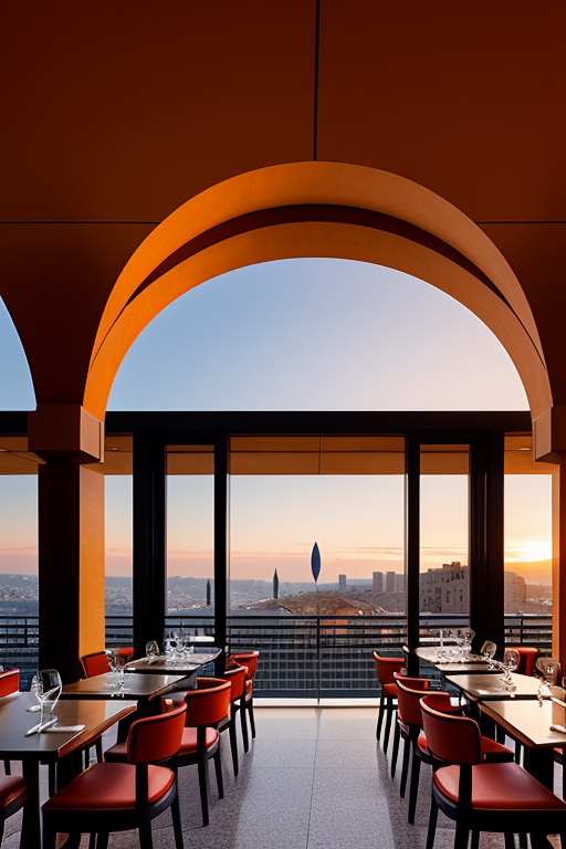 , Restaurant, designed by Philip Johnson, Neofuturist Architecture, in Barcelona, sunset