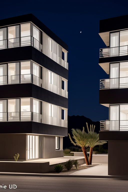 , Mid Rise, designed by Le Corbusier, Bauhaus Architecture, night time, in the desert