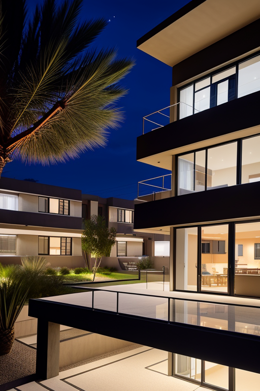 , Mid Rise, designed by Le Corbusier, Bauhaus Architecture, night time, in the desert