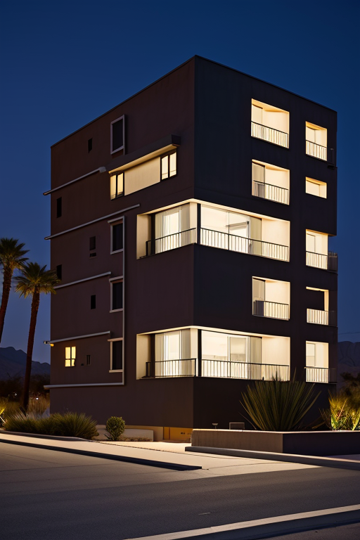 , Mid Rise, designed by Le Corbusier, Bauhaus Architecture, night time, in the desert