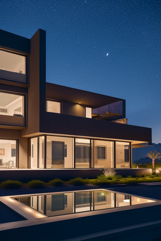 , Mid Rise, designed by Le Corbusier, Bauhaus Architecture, night time, in the desert