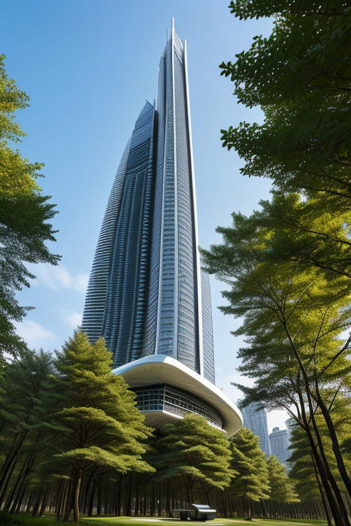 , Skyscraper, designed by Norman Foster, designed by Philip Johnson, Parametric Architecture, afternoon, in the forest
