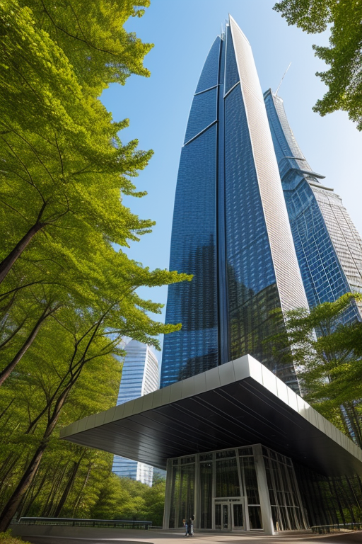 , Skyscraper, designed by Norman Foster, designed by Philip Johnson, Parametric Architecture, afternoon, in the forest