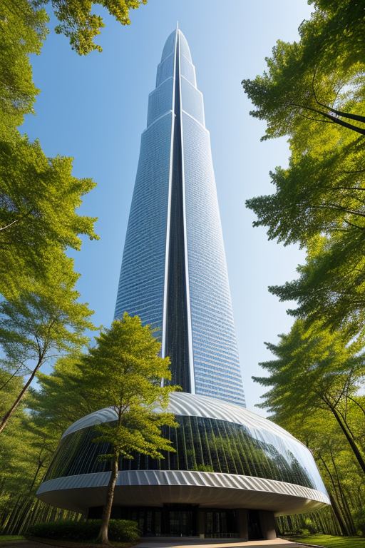 , Skyscraper, designed by Norman Foster, designed by Philip Johnson, Parametric Architecture, afternoon, in the forest