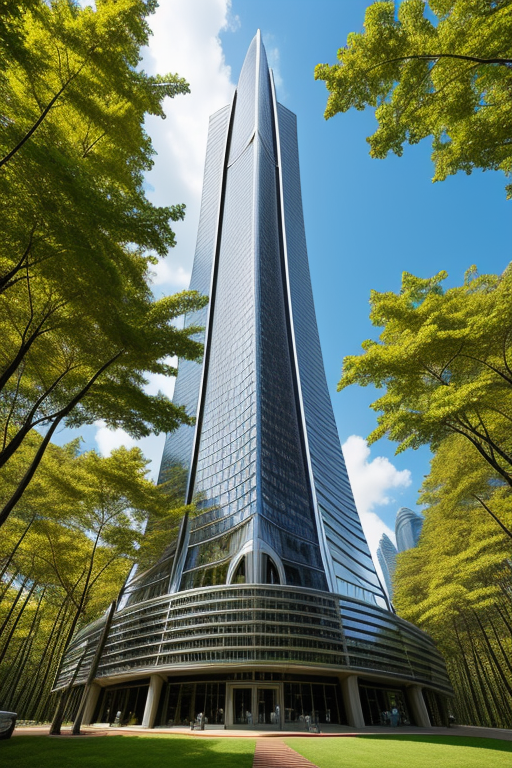 , Skyscraper, designed by Norman Foster, designed by Philip Johnson, Parametric Architecture, afternoon, in the forest