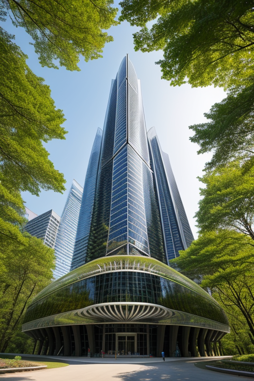 , Skyscraper, designed by Norman Foster, designed by Philip Johnson, Parametric Architecture, afternoon, in the forest