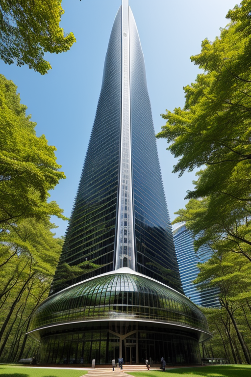 , Skyscraper, designed by Norman Foster, designed by Philip Johnson, Parametric Architecture, afternoon, in the forest
