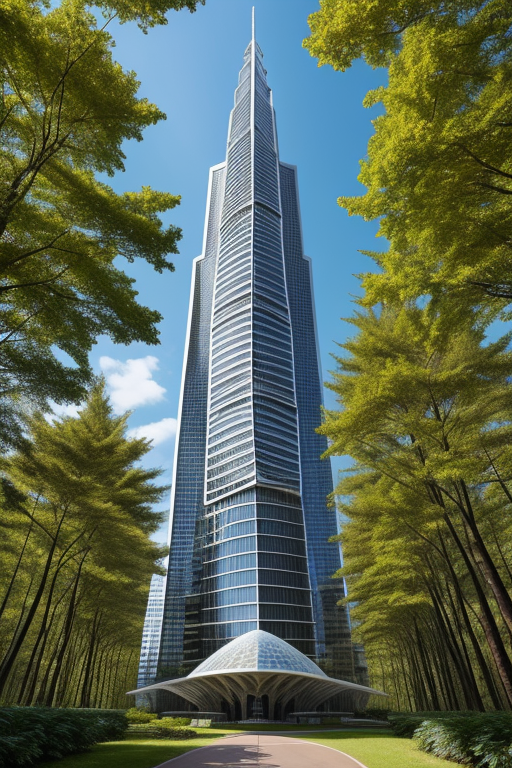 , Skyscraper, designed by Norman Foster, designed by Philip Johnson, Parametric Architecture, afternoon, in the forest