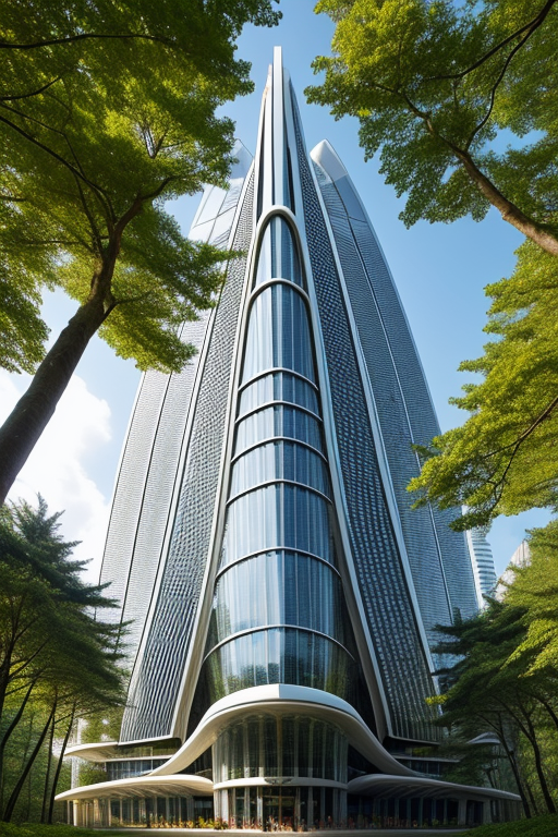 , Skyscraper, designed by Norman Foster, designed by Philip Johnson, Parametric Architecture, afternoon, in the forest, designed by Zaha Hadid