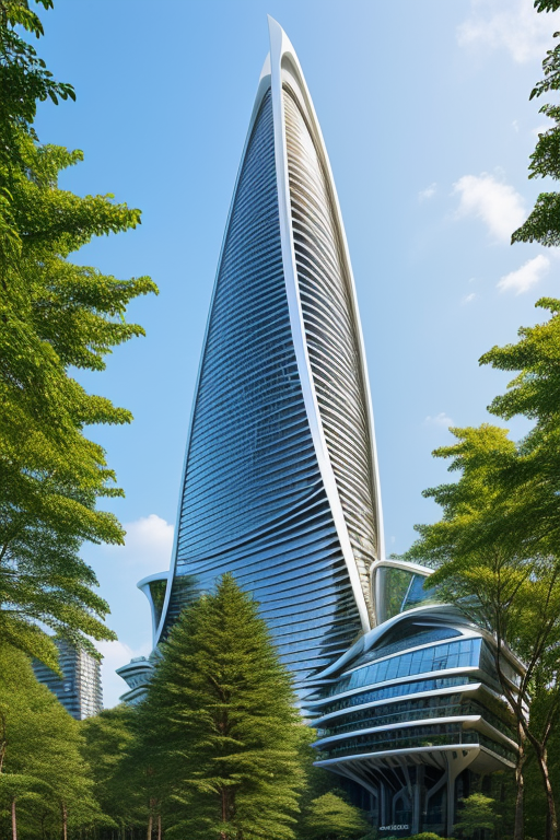 , Skyscraper, designed by Norman Foster, designed by Philip Johnson, Parametric Architecture, afternoon, in the forest, designed by Zaha Hadid