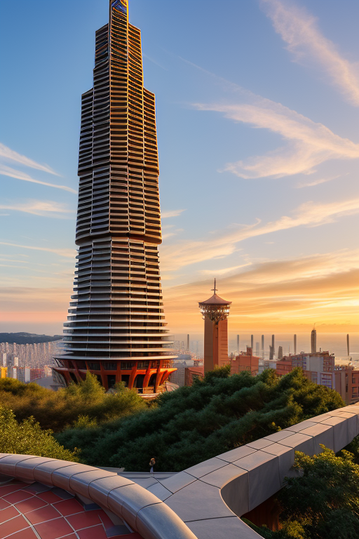 , Tower, designed by Frank Lloyd Wright, Neofuturist Architecture, Chinesearchitecture, in Barcelona, sunset, futuristic pagoda based on stairs