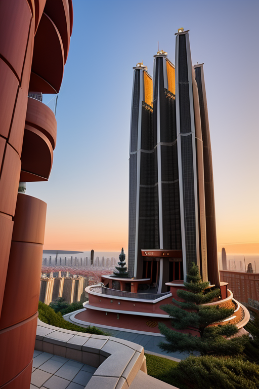 , Tower, designed by Frank Lloyd Wright, Neofuturist Architecture, Chinesearchitecture, in Barcelona, sunset, futuristic pagoda based on stairs